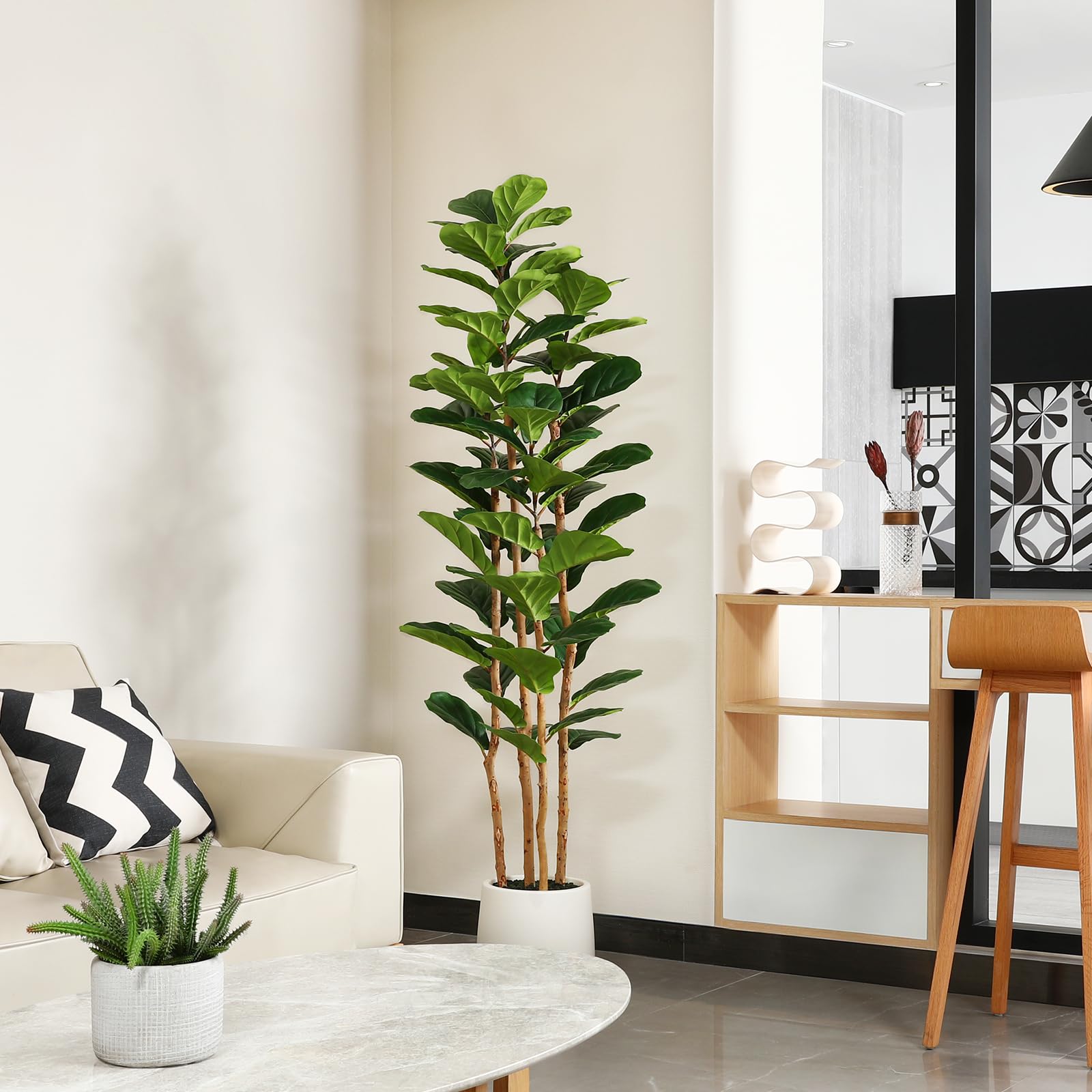 白いプランター付きの人工フィドルリーフフィギュアムツリー。高 - Fiddle Leaf Fig のレビューと価格